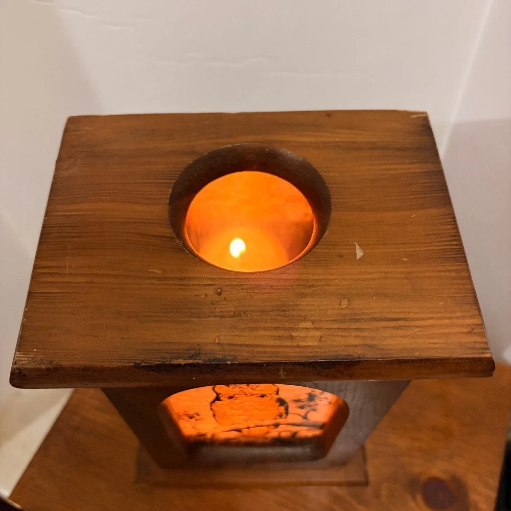 Vintage Rustic Wood Owl Lantern Candle Holder Box Mirror Interior Amber Glow